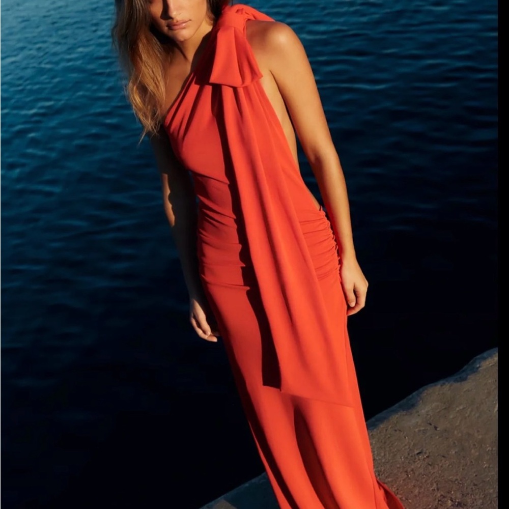 Zara open back, one shoulder bow dress
